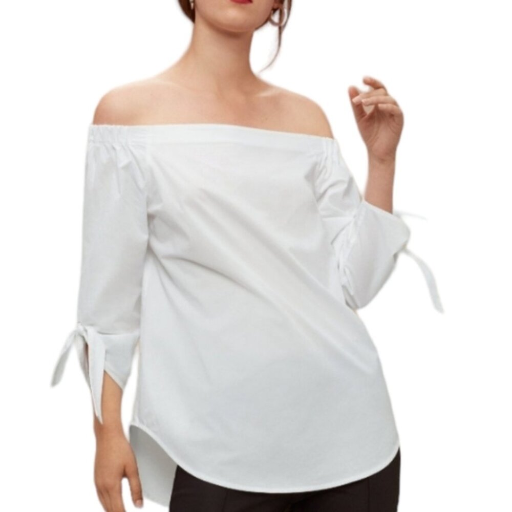 Aritzia Babaton white cotton off-shoulder bib hem tie sleeve MALIK top